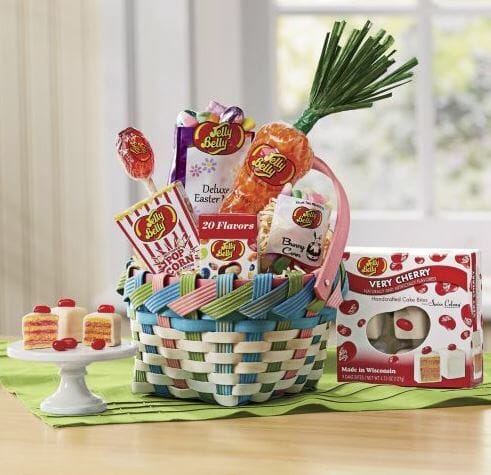 Easter basket filled with jelly belly candies and jelly belly petits fours with a box of jelly belly very cherry petits fours.