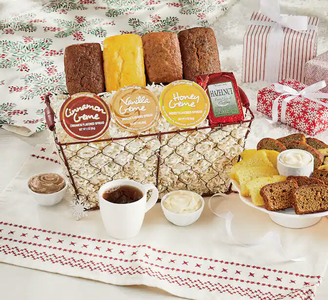 Dessert Breads gift basket with 4 small loaves and cream spreads.