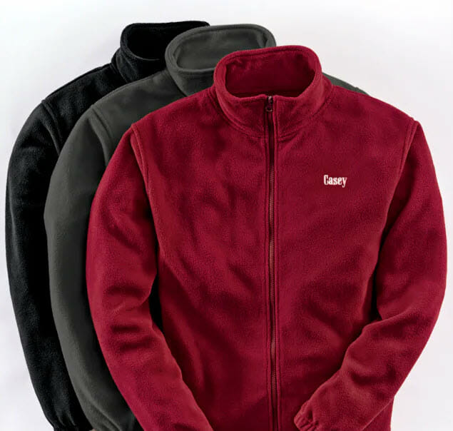 3 Men's Personalized Fleece Jackets. Burgundy, gray and black.