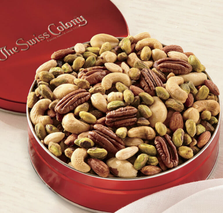 Mixed Nuts with Pistachios in a red Swiss Colony tin.