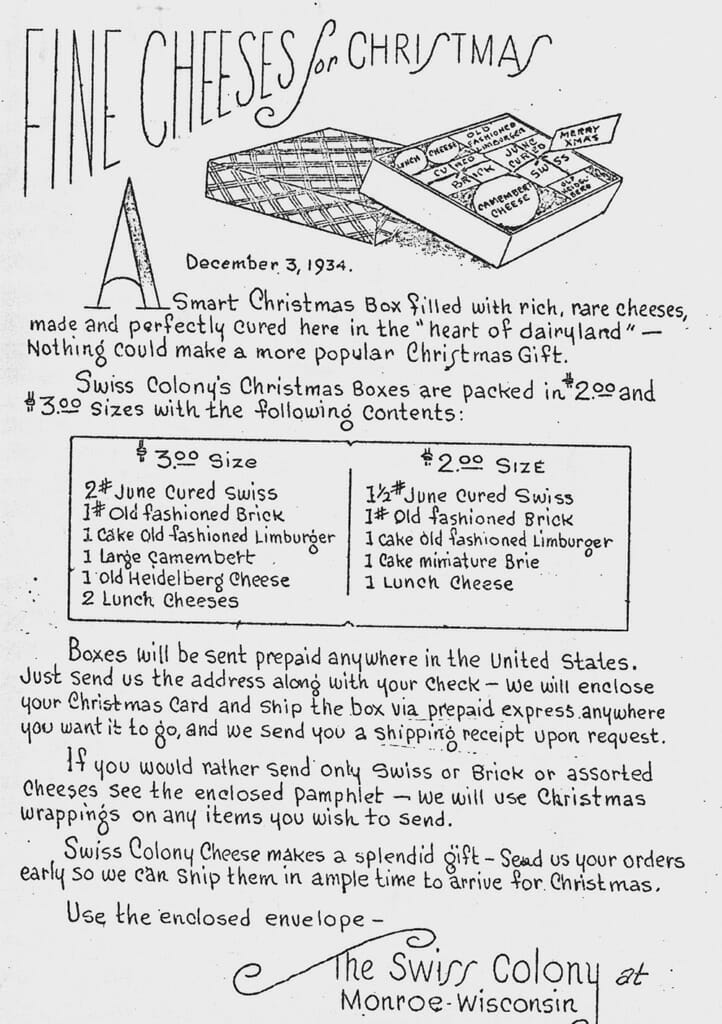 Hand written 1934 ad for Fine Cheeses for Christmas by The Swiss Colony at Monroe Wisconsin