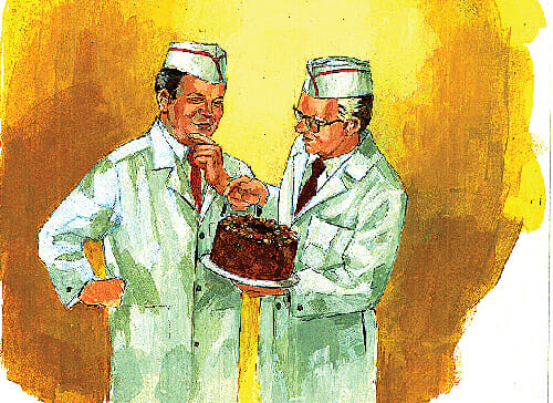 Artwork of two pastry chefs admiring a fruitcake on a platter that is held by one chef.