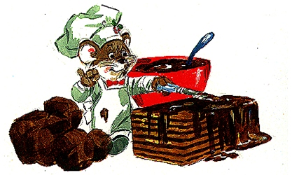 Chris mouse spreading chocolate over dobosh torte layers of cake and filling - artwork by Helen enders.