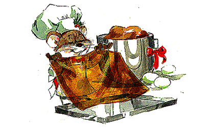 Chris mouse preparing to make a dobosh torte with a cookie sheet and a bowl of ingredients - artwork by Helen enders.
