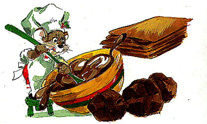 Chris mouse wearing a chef's hat and apron, stirring chocolate dobosh torte ingredients - art by Helen enders.