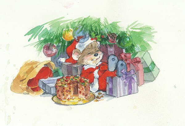 Chris Mouse sleeping under a Christmas tree with presents and a partially eaten Fruitcake - Art by Helen Enders.
