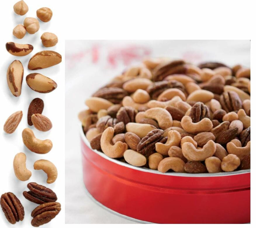 Jumbo mixed nuts in a red tin with an insert showing a border of individual nuts.