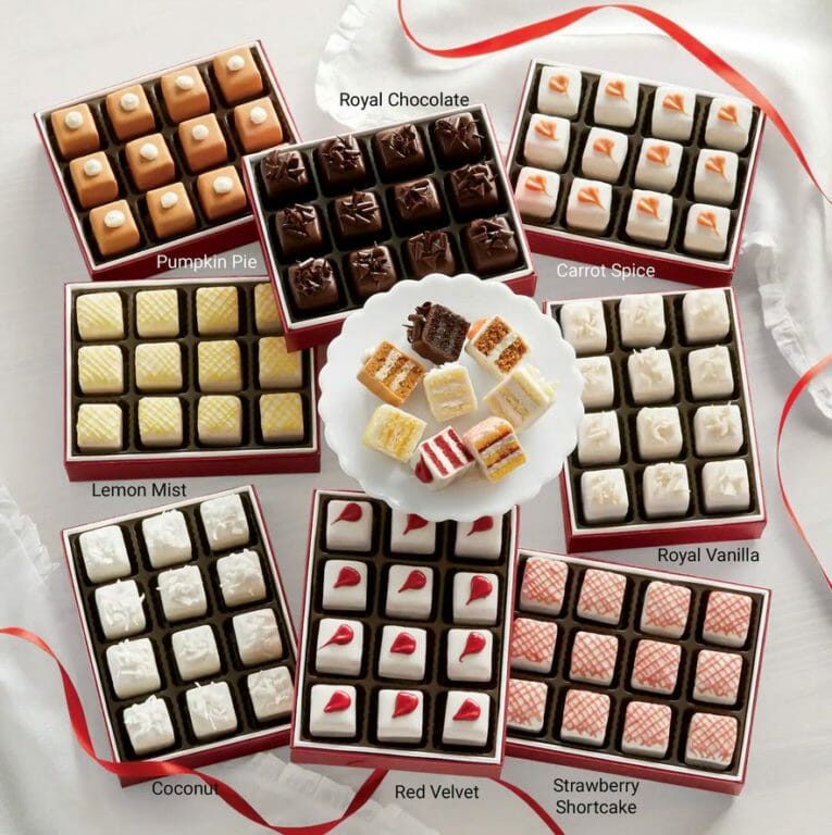 Petits fours in gift boxes: royal chocolate, royal vanilla, carrot spice, lemon mist, pumpkin spice, and red velvet.