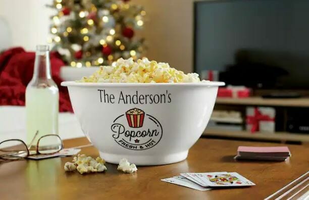 Popcorn in a personalized popcorn bowl