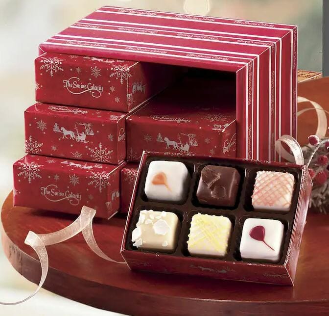 Petits Fours Stocking Stuffer gift in red swiss colony wrapping paper